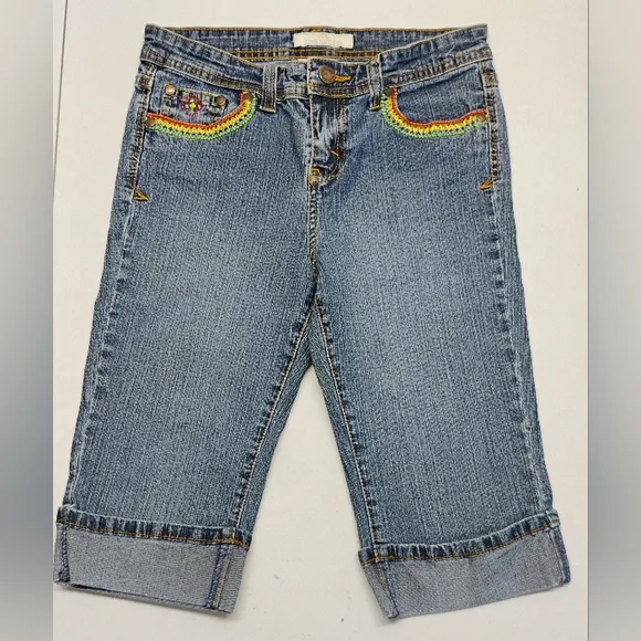 Vintage Girls Jordache Capris Sz 12 Denim Embroidery Knee Highs Stretch - Picture 2 of 12